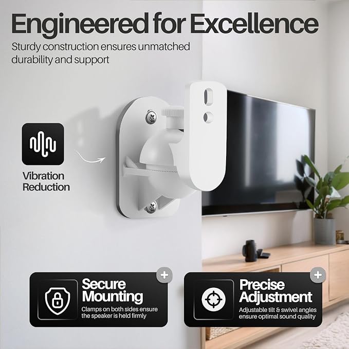 TNP Universal Satellite Speaker Wall Mount Bracket Ceiling Mount Clamp with Adjustable Swivel and Tilt Angle Rotation for Home Theater Surround Sound System Satellite Speakers - 4 Pack, White