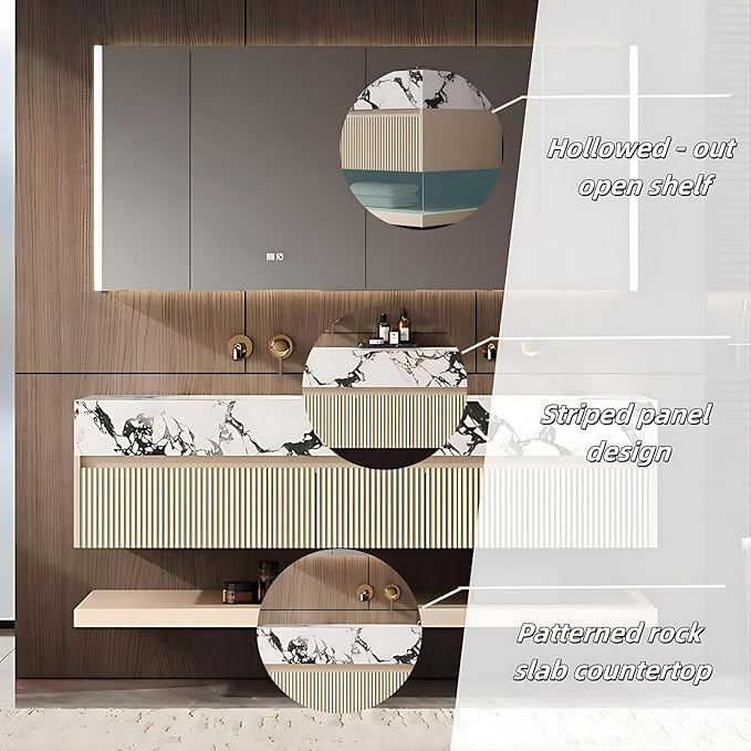 Fashionable Bathroom Vanity with Sink, Smart One-Click Defogging & LED Light, Bathroom Sink and Cabinet with Wave Striped Panel, Rockslab Countertop (Mirror Cabinet, 68IN)