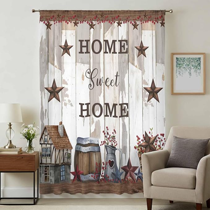 Farmhouse Sheer Curtains 63 Inch Length Retro Country Star Berry Vintage Wood - Image 3