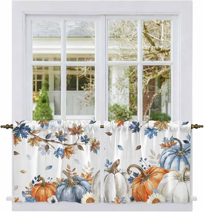 Navy Blue Pumpkin Fall Kitchen Tier Curtains 24 Inch Long 2 Panel Set, Rod - Image 2