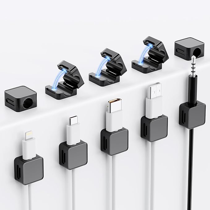 10 Pack Magnetic Cord Organizer Holder, Adjustable Cable Clips, Strong Adhesive Desk Cable Management Clips for Nightstand, Office, Car, Easy Open Design for Tidy Wire Organization