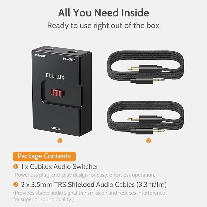 Cubilux 3.5mm Audio Selector, Bidirectional 2-In-1-Out or 1-In-2-Out 1/8-in TRS Headphone Switcher, Ultra-Compact Aluminum Case Passive Toggle A/B AUX Switch Box for PC