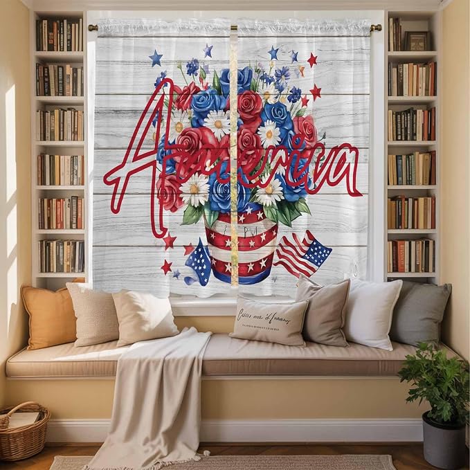 Independence Day Window Curtains 63 Inch Long 2 Panel Set, Rod Pocket Bedroom - Image 3