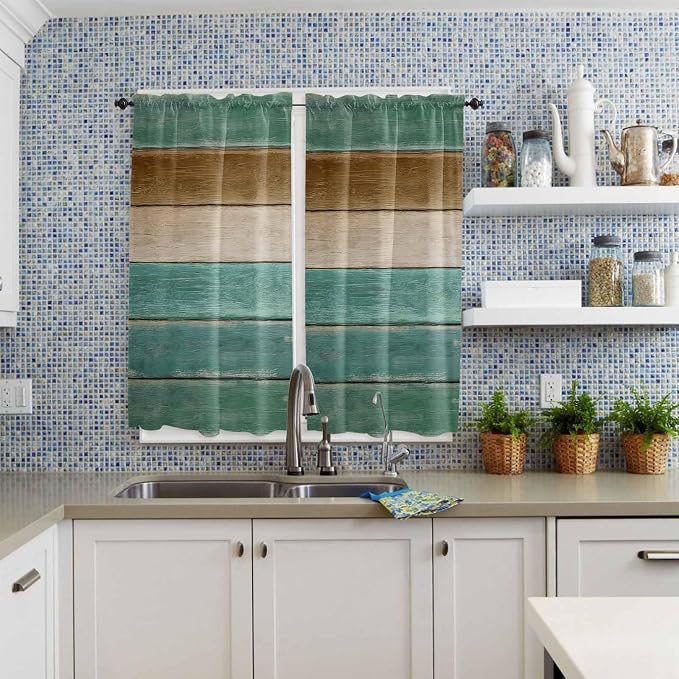 Vintage Plank Turquoise Brown Window Valance Curtains, Farmhouse Wood Grain - Image 8