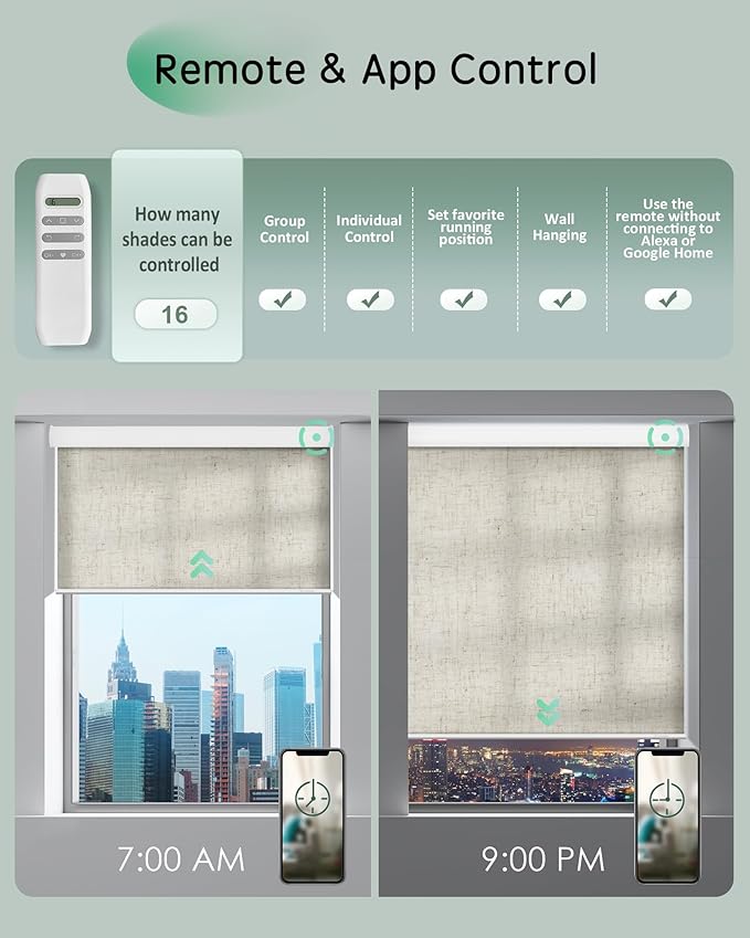 Yoolax Motorized Blinds App Control, Light Filtering Motorized Shades for Windows, Cordless Automatic Roller Shades for Bedroom Living Room Office(Light Filtering Linen Beige, 45" W x 72" H)