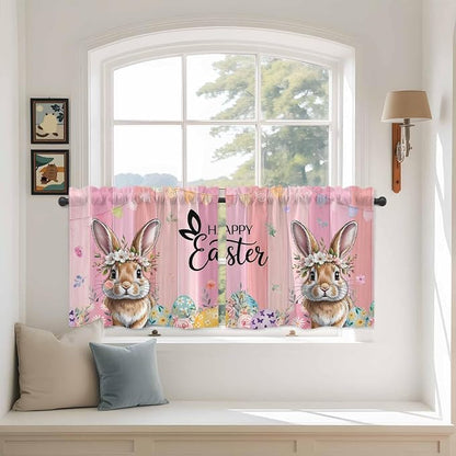 Easter Tier Curtains, Spring Rabbit Eggs Flowers Flags Leaves Wood Grain Light - Image 3