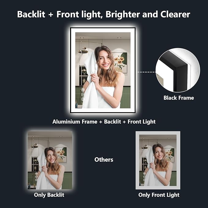 YEELAIT 28x36 Inch LED Bathroom Mirror with Lights (Front Lit and Backlit) Black Framed Lighted Vanity Mirror for Bathroom Wall Dimmable Anti-Fog Memory Tempered Glass Horizontal/Vertical