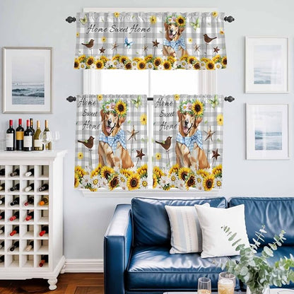Kitchen Curtains Tiers and Valance Set of 3, Sunflowers Dog Light Filtering - Image 6