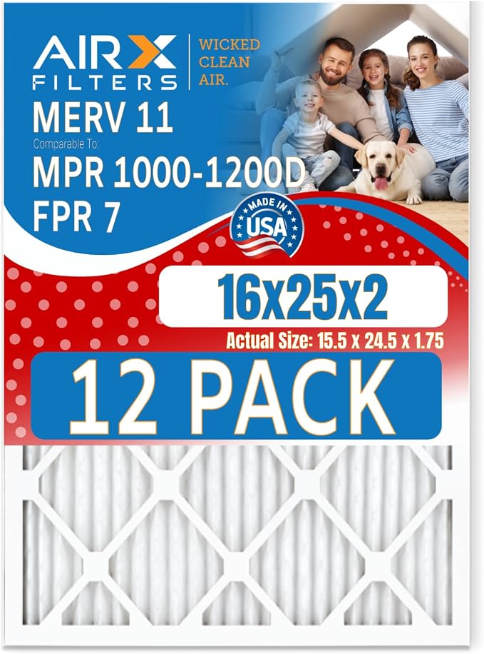 16x25x2 Air Filter MERV 11 Rating, 12 Pack of Furnace Filters Comparable to MPR by AIRXFILTERSWICKEDCLEANAIR