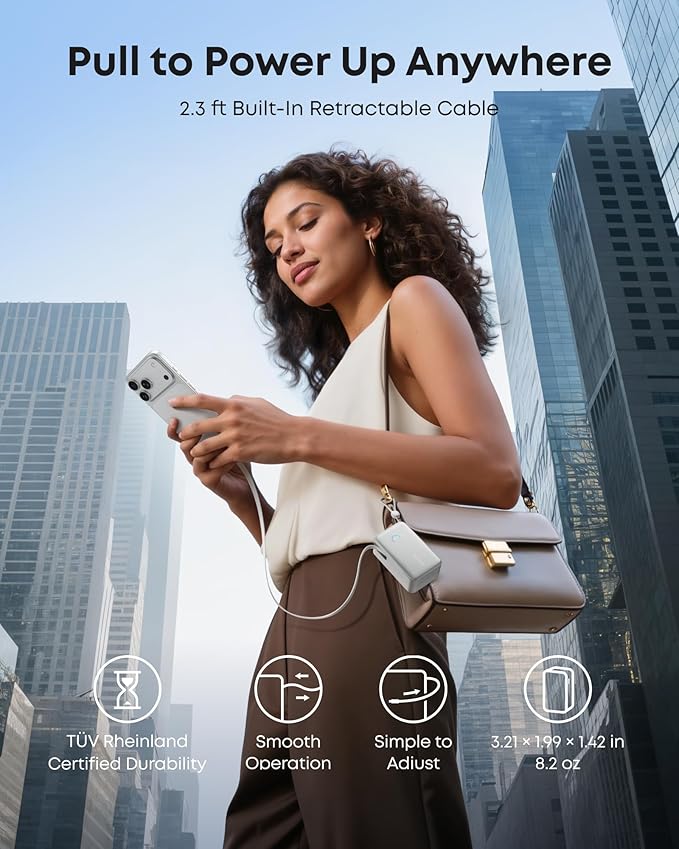 Anker Nano Portable Charger, 10,000mAh 45W Max Compact Power Bank, Travel Essential Phone Battery Pack with 2.3 ft InstaCord Retractable Cable for iPhone 17/16 Series, iPad, Galaxy, Pixel, and More