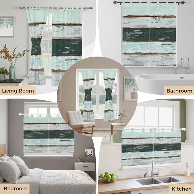 Blue Teal Kitchen Curtains 45 Inch Length, Short Cafe Window Curtains Tab Top - Image 7