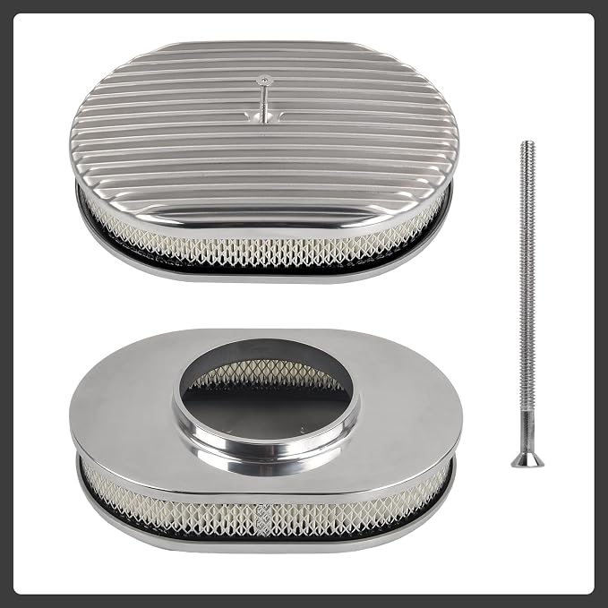 12" Air Cleaner Kit Polished Aluminum Classic Nostalgia Oval Fully Finned - Image 2