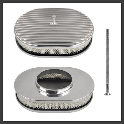 12" Air Cleaner Kit Polished Aluminum Classic Nostalgia Oval Fully Finned - Image 2