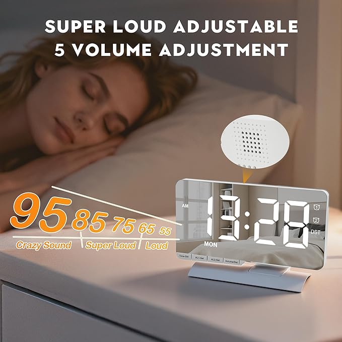 SZELAM Digital Clock,Alarm Clock Bedside,7.3'' Large LED Mirror with Date Display,Dual Alarm with 3 Mode,Brightnee Adjust,DST,Snooze Function,USB C Charging Port,5 Levels Volume for Desk Bedroom Teens