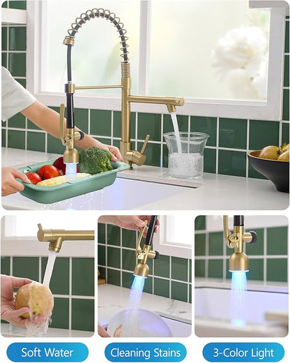 Fapully Single Handle High Arc Brushed Gold Pull Down Kitchen Faucet LED - Image 3