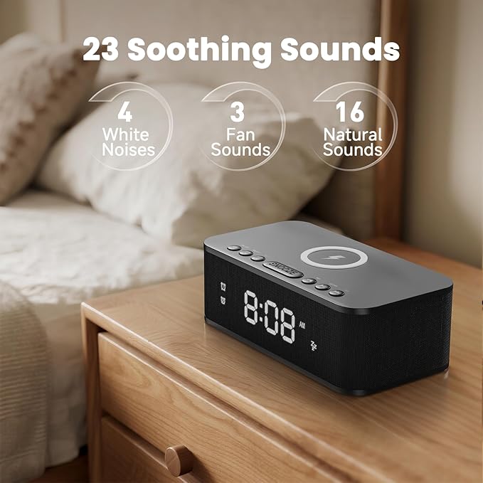 Fansbe Direct Digital Alarm Clock White Noise, Loud Digital Alarm Clocks Bedrooms, Alarm Clock Speaker Wireless Charger AUX USB Bluetooth Speaker 12/24H Dual Alarm Snooze Adjustable Brightness, Black