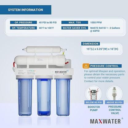 Max Water 5 Stage 100 GPD Reverse Osmosis Water Filtration System + Faucet-B + - Image 2