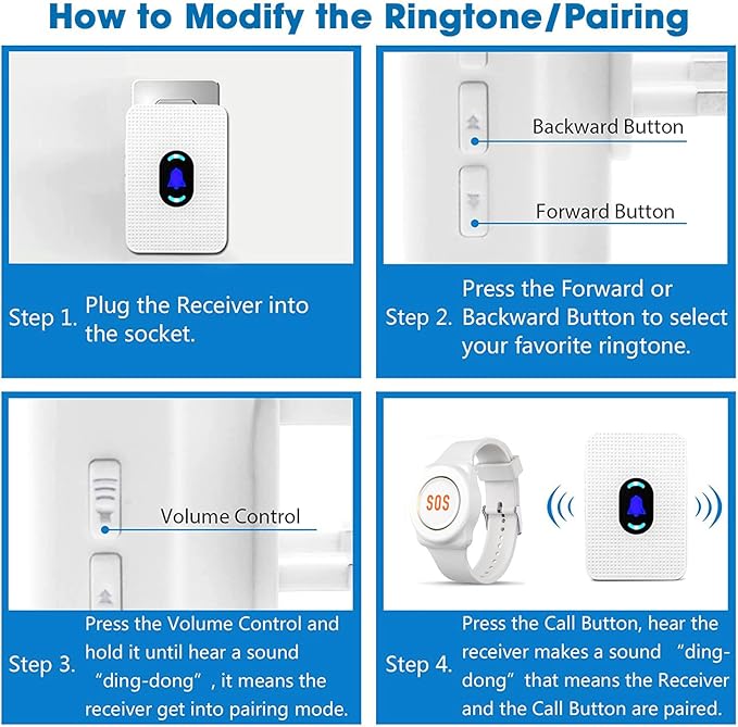 Daytech Caregiver Pager Call Button for Elderly at Home Nurse Alert System for Seniors Patient 2 Receiver 3 Panic Emergency Button