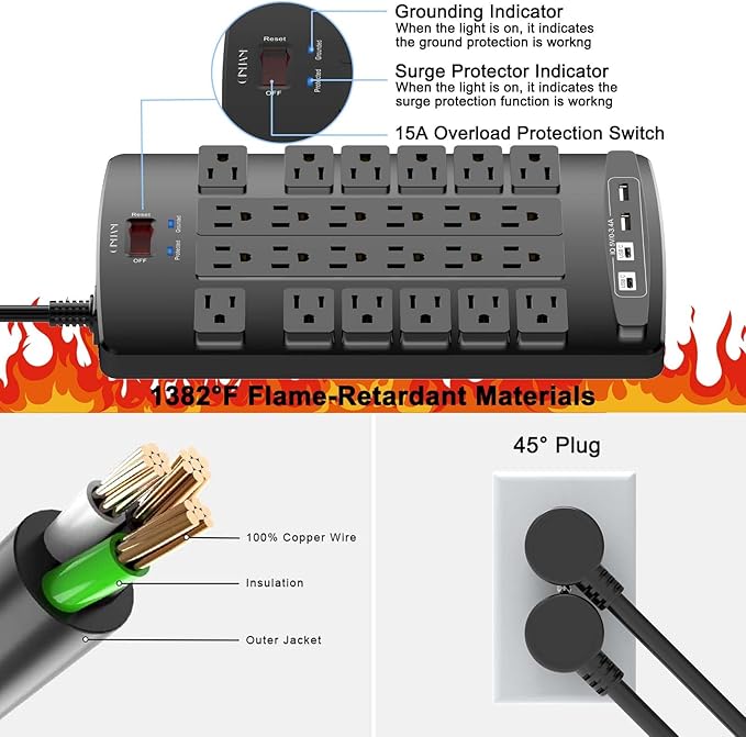 QINLIANF Surge Protector Power Strip - 10Ft Flat Plug Heavy Duty Extension Cord with 24 Outlets and 4 USB Ports(2 USB-C Ports), 1875W/15A, 4100J, for Home, Office, Dorm, ETL Listed, Black