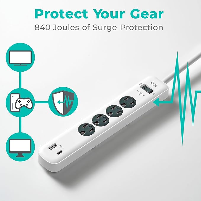 KMC 4-Outlet Surge Protector Power Strip, 1 USB-A & 1 USB-C Port, Power Strip Surge Protector, 840J Surge Protection, 5ft Extension Cord, 3-Prong Low-Profile Flat Plug, UL/ETL Certified, White