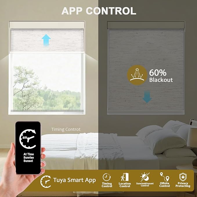 COOLWINDS Motorized Blinds with Remote Cordless Automatic Motorized Shades Custom Blinds for Windows Smart Curtains Compatible with Alexa Google Home(Light Filtering Linen Sandy Beach,W22 x H72in)
