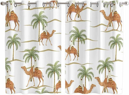 2 Panel Kitchen Cafe Curtains, Desert Camels Sunlight Filtering Nature Air by Hokiten