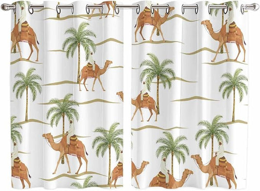 2 Panel Kitchen Cafe Curtains, Desert Camels Sunlight Filtering Nature Air by Hokiten