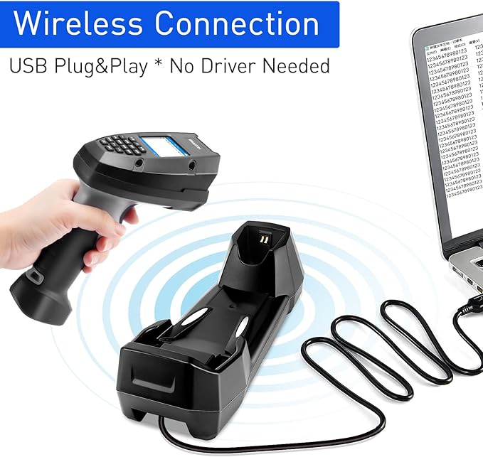 Wireless Barcode Scanner, Portable 1D Inventory Scanner & Data Collector with 2.0 Inch LCD Screen and 2.4G Wireless Dongle Built in Stand for Warehouse, Express, Library,Pharmacy,Supermarket
