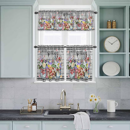 Spring Flowers Kitchen Curtain Set, Farmhouse Black Plaid Wood Grain Window - Image 9