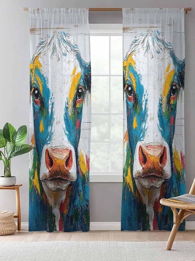 Sheer Curtains 84 Inches Long, Rustic Cow Semi Sheer Curtains Light Filtering - Image 5