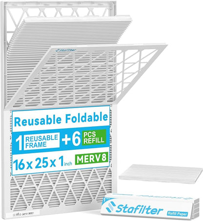 Reusable 16x25x1 Air Filter, 1 Foldable Frame + 6 Refills by Stafilter