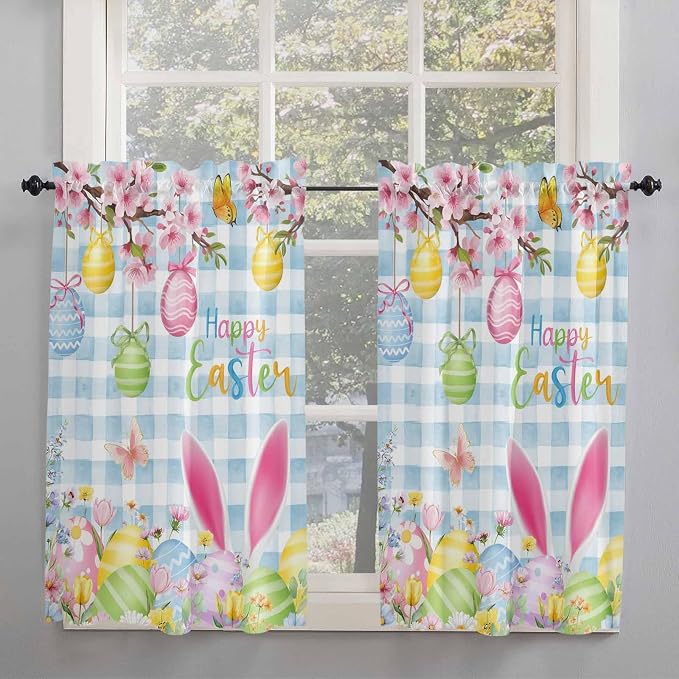 Happy Easter Tier Curtains 45 Inches Long, Spring Watercolor Bunny Eggs Flower - Image 2