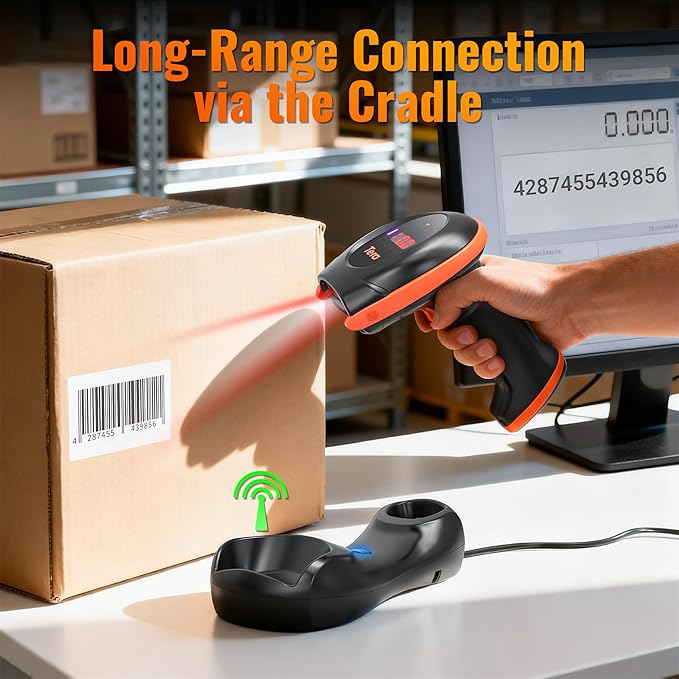 Tera Pro Series Wireless 1D 2D QR Barcode Scanner with Cradle Display Counting Screen Extra Fast Scanning Speed Ultra High Resolution Handheld Image Bar Code Reader for Warehouse Inventory HW0008