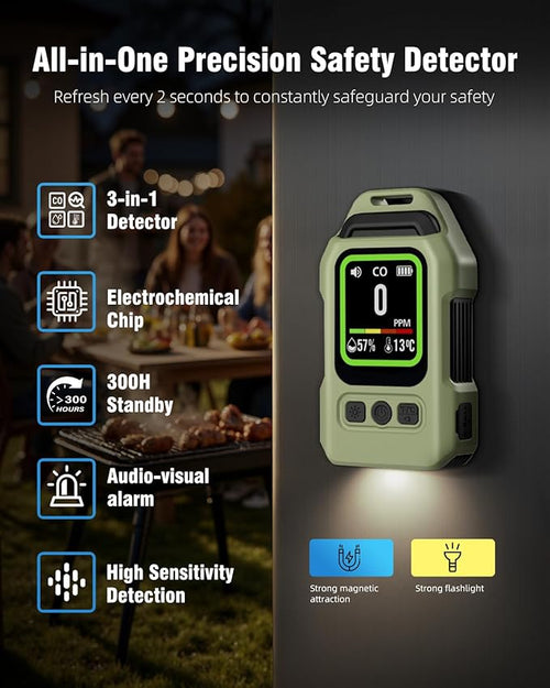 3-in-1 Portable Carbon Monoxide Detector.Visual Alarm for Camping,Travel,RV.More Than 300H Standby . Equipped With a Flashlight, Magnetic Back and Hook.Featuring CO, Temperature and Humidity Sensors