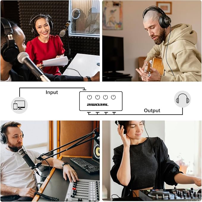 Riworal 4 Channels Headphone Amplifier with 3.5mm/6.35mm/ TRS Jack Input for Dj Mixer Amps Splitter with 8 Output Ports Separate Volume Control Output for Speaker Or Monitor Headphone