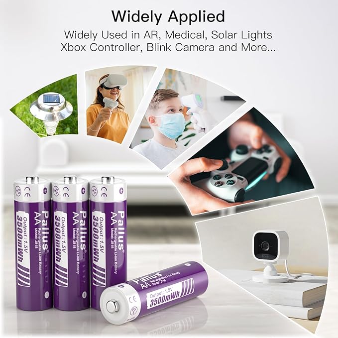 Pallus 1.5v Lithium AA Rechargeable Batteries - 8 Pack Long Lasting 3500mWh Rechargeable AA Batteries, Double A Batteries with LCD Charger for Blink Camera, High Capacity, Cycle Times up to 1600