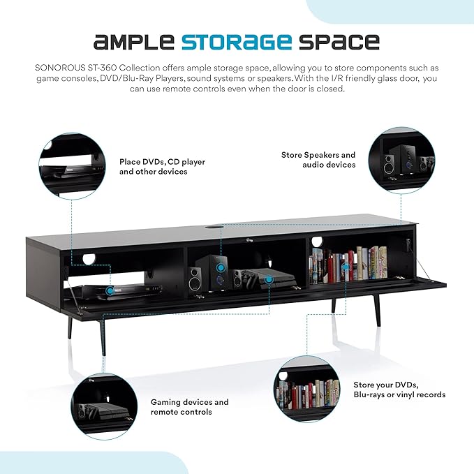 SONOROUS ST-360 Premium TV Stand for Living Room – Modern TV Stands & Entertainment Center with Storage – Black Wood & White Glass Cover – Luxury Media Console with Metal Legs for TVs up to 75 inches