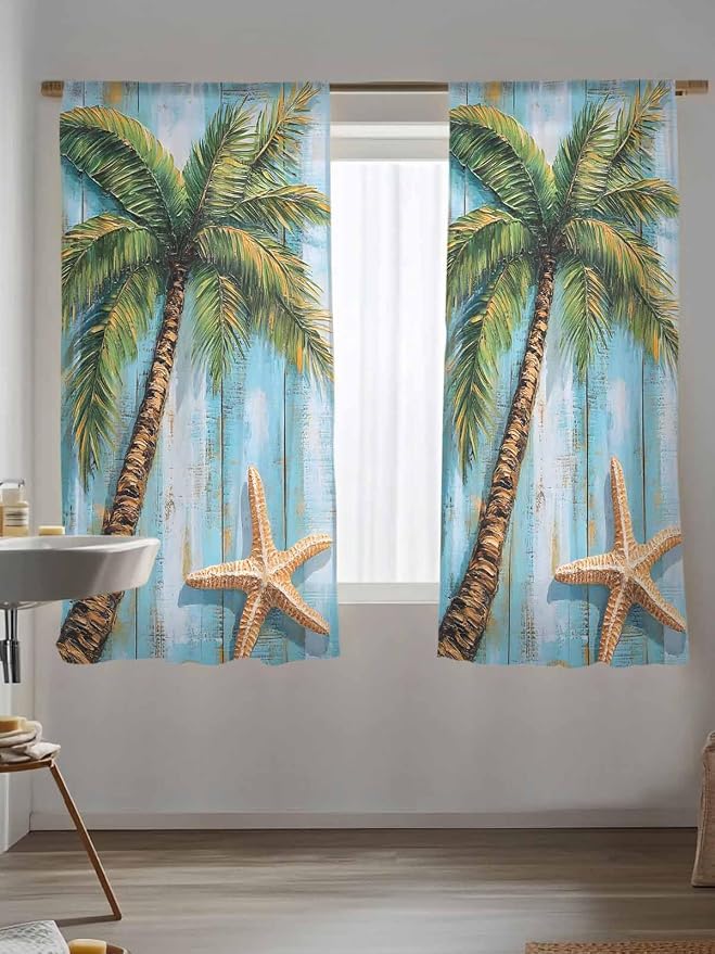 Sheer Curtains 72 Inches Long, Coastal Beach Tree Semi Sheer Curtains Light - Image 5