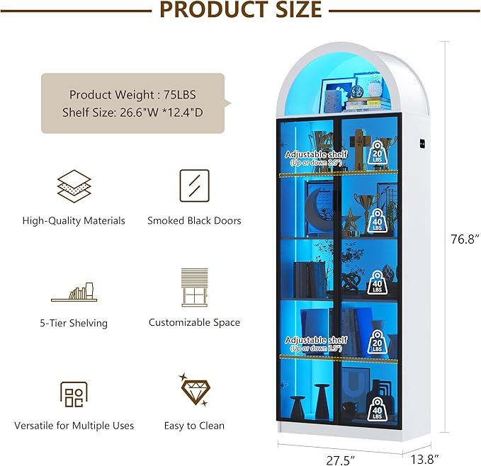 Dystler Display Cabinet with Doors and Adjustable Shelves, 76" Tall Display Case with LED Lights/Arch Storage Space, 6 Tier Bookcase for Collectibles Bedroom Living Room Office, White