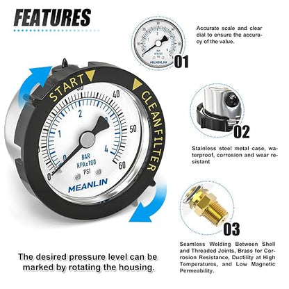 MEANLIN MEASURE 0~60Psi Stainless Steel Start and Clean Filter Pressure Gauge - Image 5