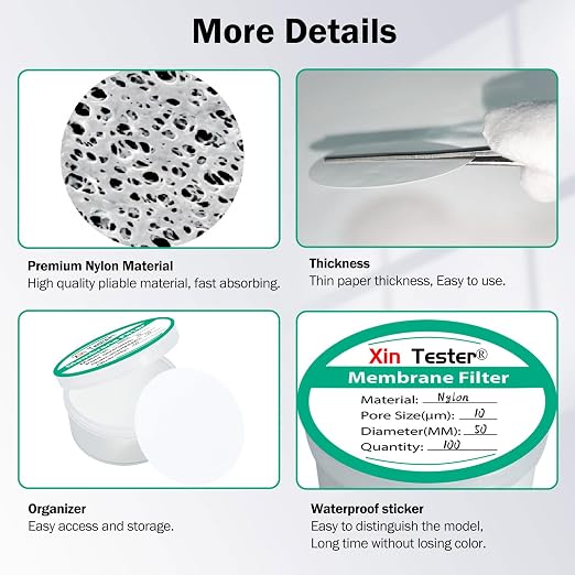 Xin Tester 100 Pieces Nylon Disc Membrane Filters, 50 mm Diameter, 10µm Pore - Image 7