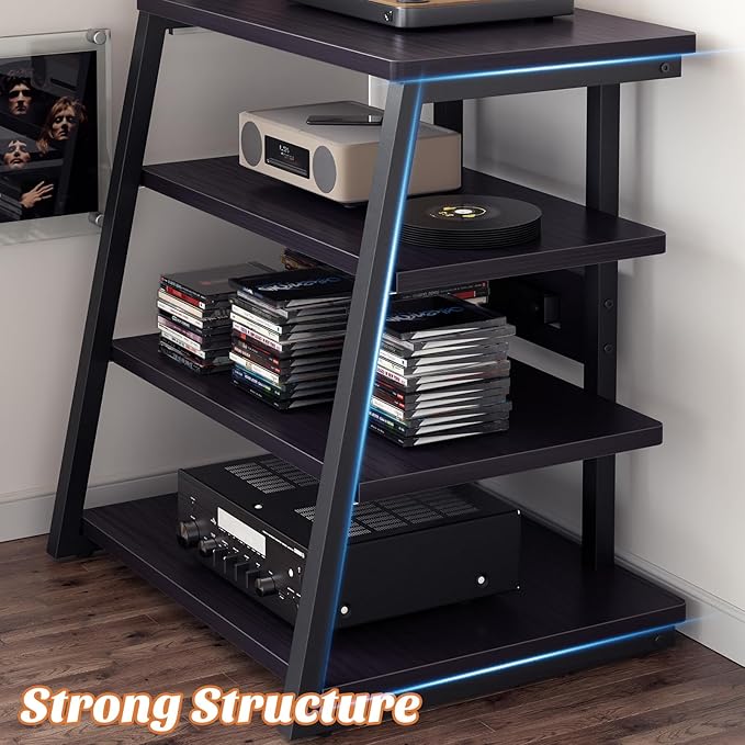 Besiost AV Media Stand with Outlets, Media Console with LED Lights, Stereo Racks and Stands with Storage Shelves, Media Audio Tower Cabinet, Black Enoby