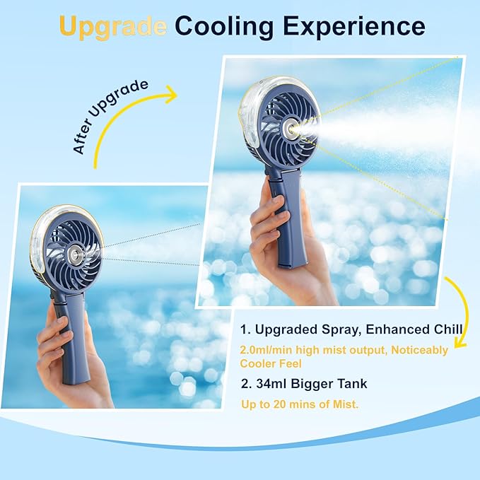 HandFan Upgraded Portable Handheld Misting Fan, Rechargeable Personal Mister Fan, Spray Water Mist Fans, Foldable Mini Cooling Hand Fans for Summer Beach Travel Concerts, Gifts for Women(Royal Blue)
