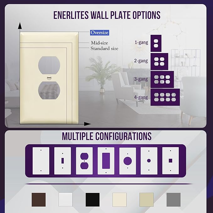 ENERLITES Duplex Receptacle Outlet Wall Plate, Jumbo Electrical Outlet Covers, Gloss Finish, Oversized 1-Gang 5.51" x 3.50", Polycarbonate Thermoplastic, 8821O-LA-10PCS, Light Almond, 10 Pack