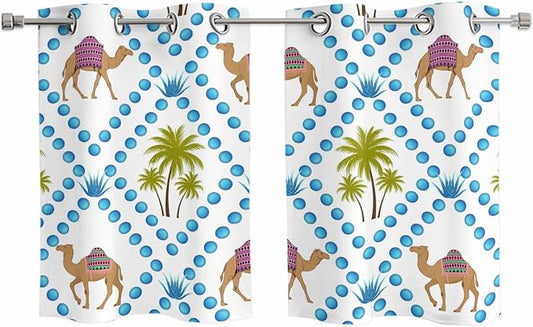 2 Panel Kitchen Cafe Curtains, Camels Palm Trees Sunlight Filtering Nature Air by Hokiten
