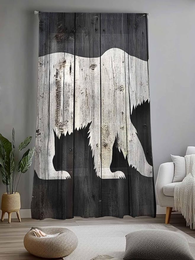 Sheer Curtains 84 Inches Long, Farmhouse Country Rustic Wooden Grain Privacy - Image 2