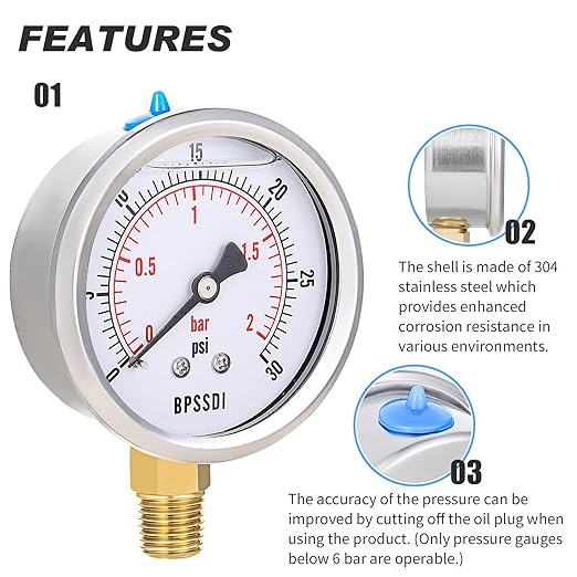0-30 Psi Glycerin Liquid Filled Low Pressure Gauge, 2.5" Dial Size, 1/4" NPT - Image 4