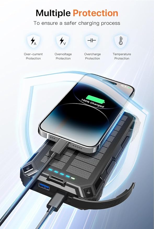 jskei Power Bank 49800mAh Solar Portable Charger Wireless Charging USB-C 15W Fast Charging with 4 Built-in Cables LED Flashlight Battery Pack Compatible with iPhone, iPad, Perfect for Camping,Hiking