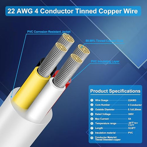 22 Gauge 4 Conductor Electrical Wire, 32.8 FT Low Voltage 22/4 Tinned Copper Stranded 4 Wire Cable, 22 AWG White Flexible Extension Power Cord for Automotive, LED Lamp, Outdoor Landscape Lighting Etc