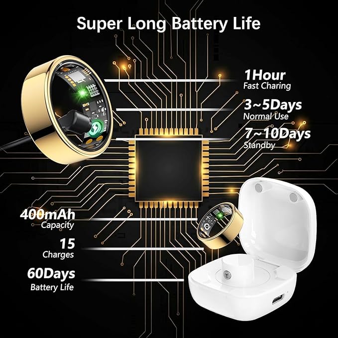 Smart Health Ring for Women Men, Fitness Tracker Ring with Heart Rate, Blood Oxygen, Sleep Tracker, Step Tracker, No Subscription Fee, IP68 Waterproof Smart Ring for iPhone & Android (Gold, 7#)